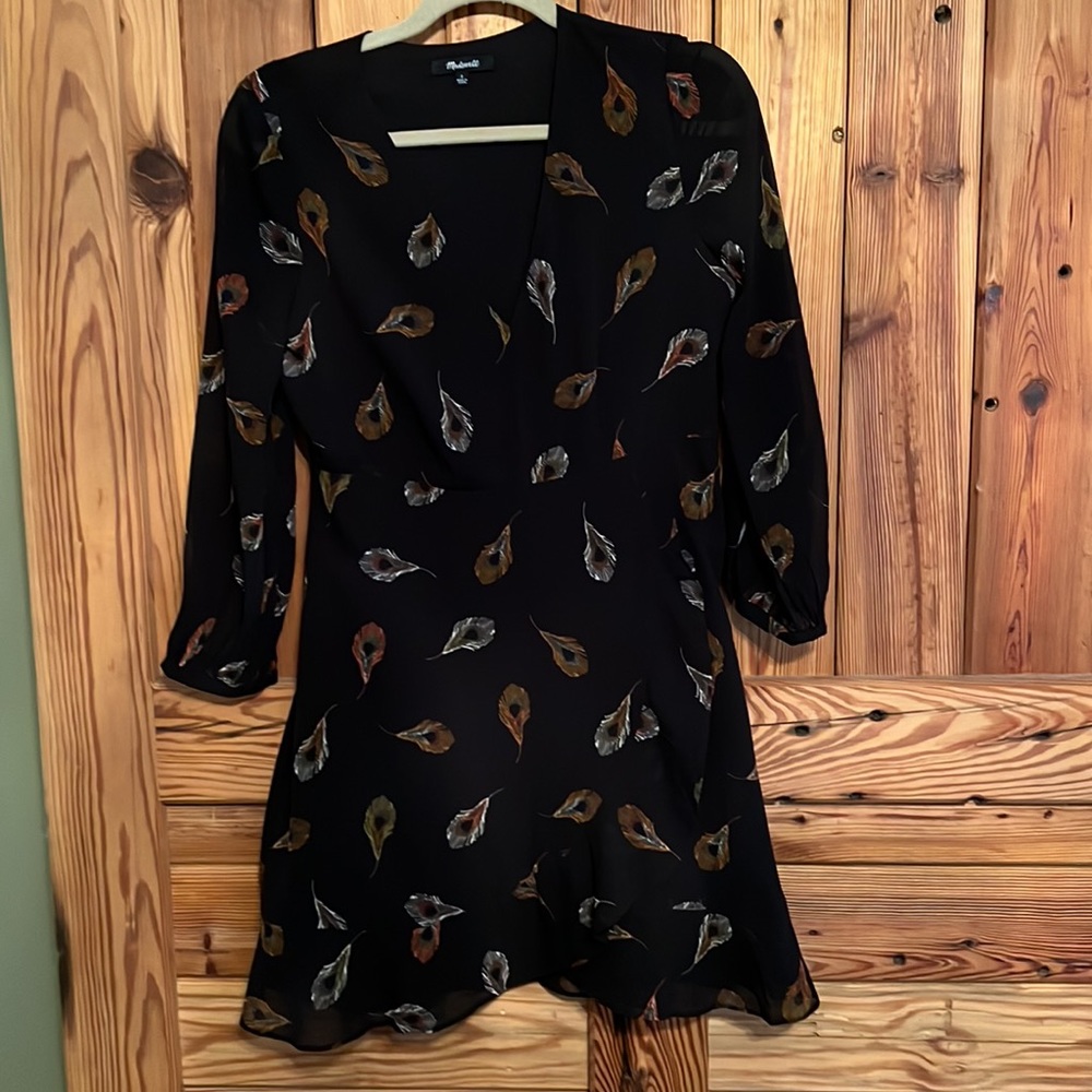 Madewell silk mini dress black peacock feathers